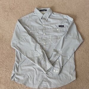 Columbia Men's White and Green Grid Button-Down Shirt